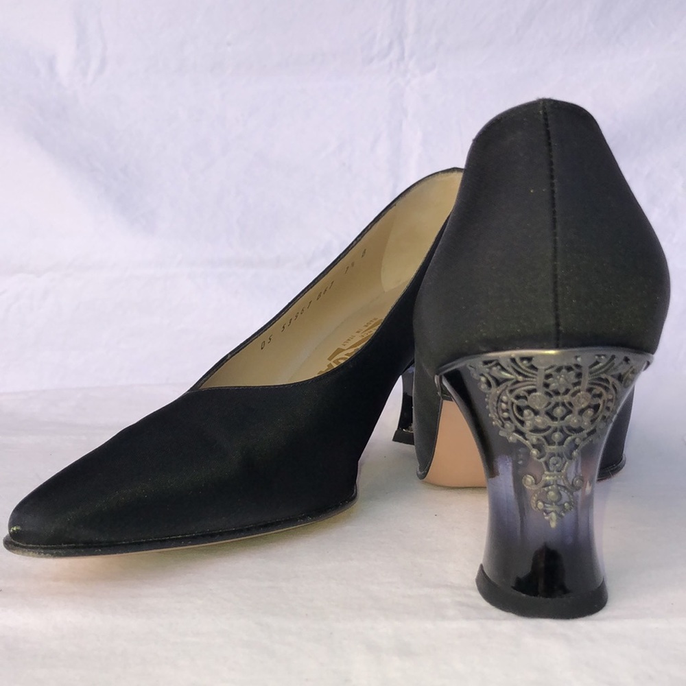 Salvatore Ferragamo “Boemia,” Black Silk Like Fabric, 2.75” Lucite Heel w/Lace - Picture 15 of 16